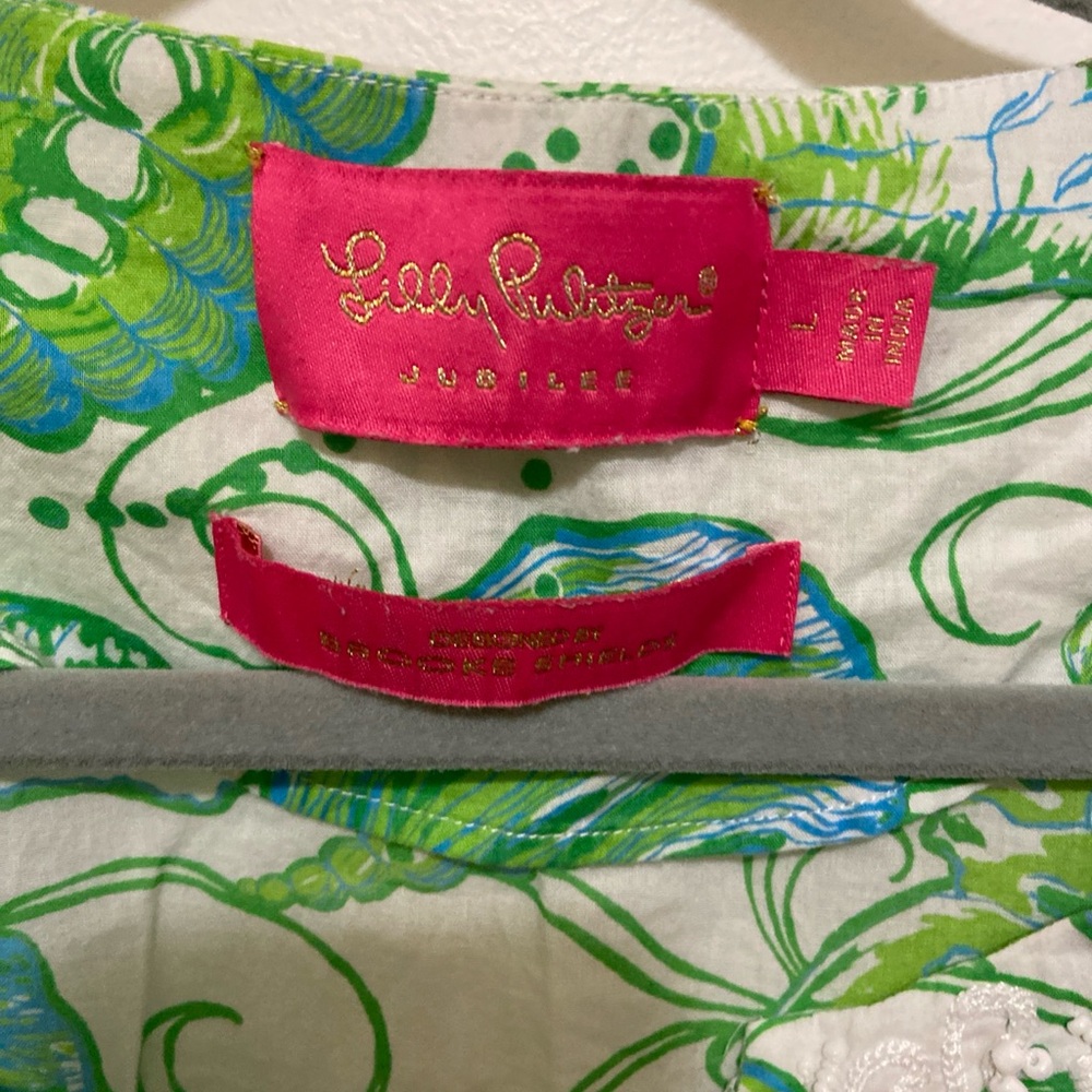 Lilly Pulitzer Jubilee Brooke Shields Green Blue white Beaded Tunic Dress Sz L - Picture 3 of 6
